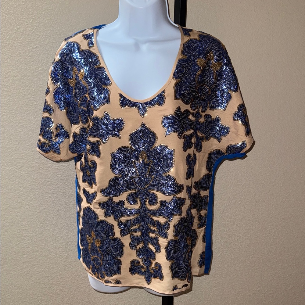 Target Neiman Marcus Tracy Reese Blue and Gold Sequin Short Sleeve Blouse Size M